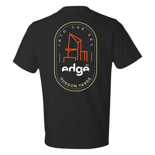 Edge Into the Sky Icon T-Shirt—black tee featuring a stylized orange line drawing of a skyscraper and the words INTO THE SKY, edge, and HUDSON YARDS printed on the back. Perfect as an Edge NYC sky deck t-shirt or as a memorable New York souvenir.