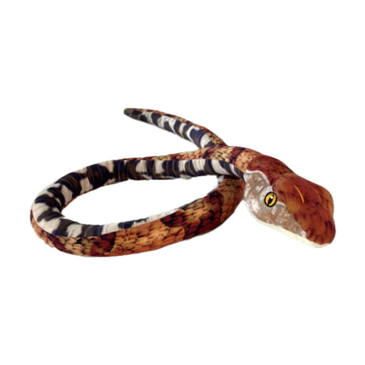 The Eco Eastern Copperhead Snake Plush features authentic brown, black, and white patterned scales, striking yellow eyes, and a coiled body. Expertly crafted from recycled materials for eco-conscious collectors, this realistic plush toy is shown against a white background.