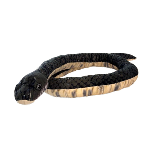 Introducing the Eco Black Snake Rat Plush—a sustainable plush snake toy crafted from recycled materials. This plush features a striking black and tan patterned body, lifelike round black eyes, and a subtly curved shape, beautifully displayed against a clean white background.