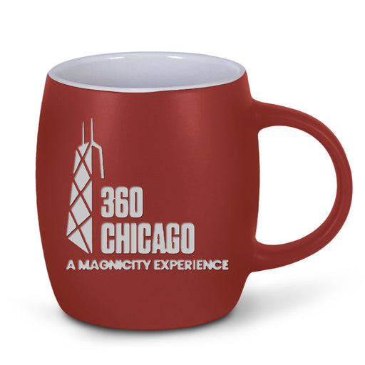 The 360 CHICAGO Magnicity Etched Barrel Mug is a red mug featuring a white graphic of a building and the text “360 Chicago: A Magnicity Experience” on its side, perfect for fans of Chicago’s iconic skyline.