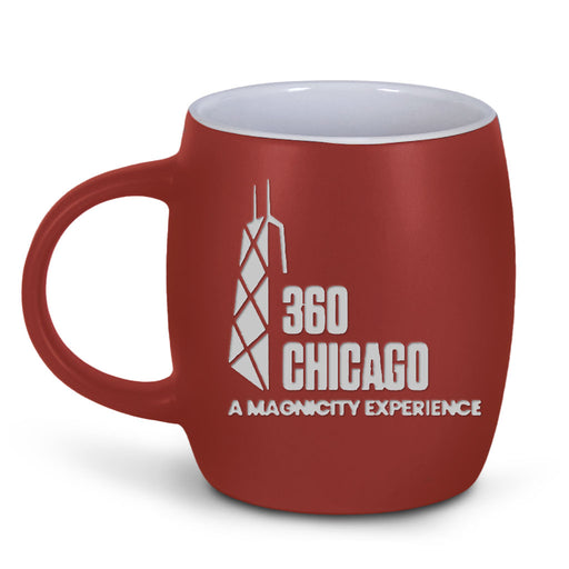 Introducing the 360 CHICAGO Magnicity Etched Barrel Mug—a red coffee mug with a white skyscraper outline and “360 CHICAGO: A Magnicity Experience” on the side, making it an ideal souvenir that celebrates Chicago’s iconic skyline.