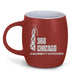 Introducing the 360 CHICAGO Magnicity Etched Barrel Mug—a red coffee mug with a white skyscraper outline and “360 CHICAGO: A Magnicity Experience” on the side, making it an ideal souvenir that celebrates Chicago’s iconic skyline.