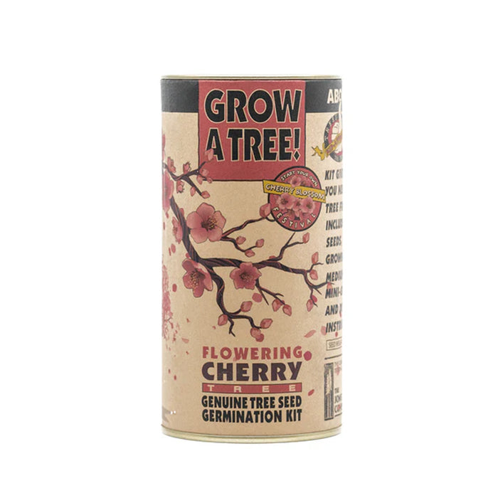 A cylindrical container labeled Flowering Cherry Blossom Grow Kit, featuring an illustration of blooming cherry branches and a mini-greenhouse design.