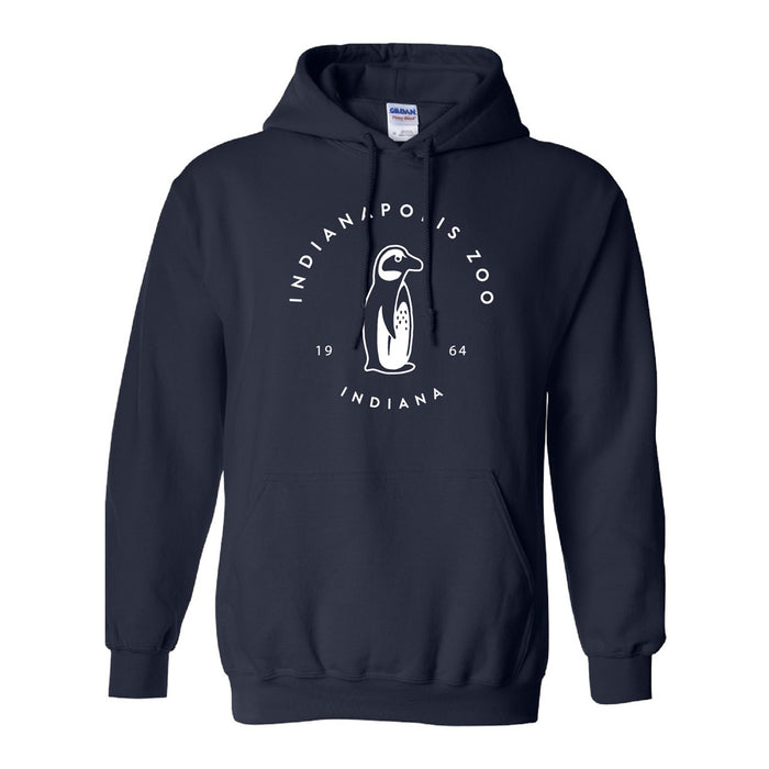 Indianapolis Zoo Simple Penguin Hooded Sweatshirt in navy blue, featuring a white circular logo with a penguin illustration and the text “INDIANAPOLIS ZOO INDIANA 1964.” This hoodie includes a front pocket and drawstrings, making it an ideal choice for supporting penguin conservation at the Indianapolis Zoo.