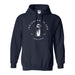 Indianapolis Zoo Simple Penguin Hooded Sweatshirt in navy blue, featuring a white circular logo with a penguin illustration and the text “INDIANAPOLIS ZOO INDIANA 1964.” This hoodie includes a front pocket and drawstrings, making it an ideal choice for supporting penguin conservation at the Indianapolis Zoo.