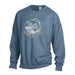 The Seattle Aquarium Respect the Locals Sweatshirt features a blue crewneck design with an illustration of an orca leaping over waves, framed by trees and mountains. Below the image is the text “RESPECT THE LOCALS” along with “Seattle, Washington.” This marine life sweatshirt makes a perfect ocean conservation gift for anyone who loves the Pacific Northwest.