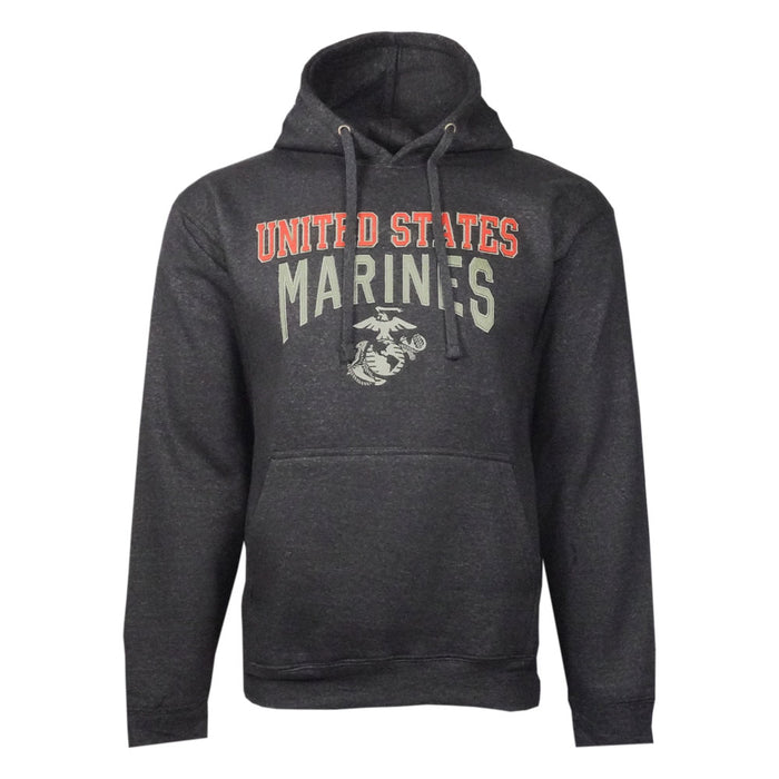 The United States Marines Fleece Hooded Sweatshirt is a dark gray hoodie featuring a front pocket and drawstring hood. The chest displays “United States Marines” along with the Marines emblem in red, white, and gray, giving this military fleece a stylish look while ensuring comfort.