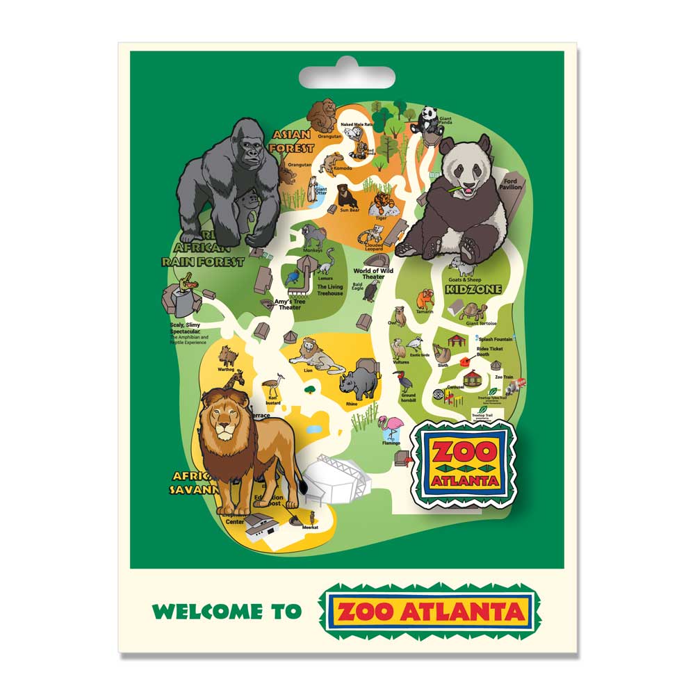 Zoo Atlanta Animal Map Pin Set: Cartoon-style map features animals like a gorilla, panda, and lion in themed zones. Includes "Welcome to Zoo Atlanta" on a vibrant green background—perfect as a souvenir or paired with our animal pin set.