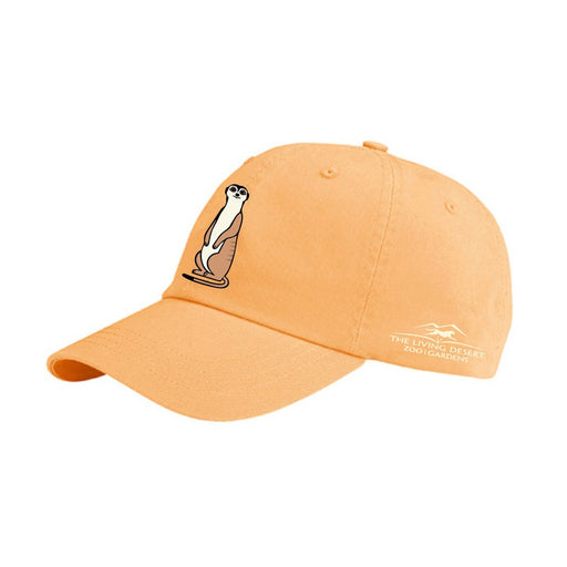 Introducing The Living Desert Zoo and Gardens Meercat Cap—an orange cap featuring a cartoon meerkat on the front and “The Living Desert Zoo | Gardens” in white text along the side. Celebrate wildlife conservation and show your support for The Living Desert Zoo and Gardens with this fun accessory!.