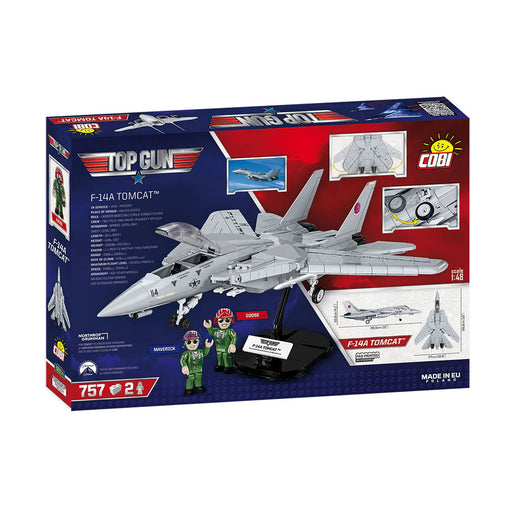 Box of the Top Gun F-14A Tomcat Fighter Set building set featuring an image of the completed jet model, two mini-figures, and 757 pieces. The packaging highlights detailed features, accessories, and prominent Top Gun branding.