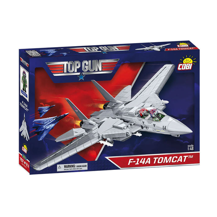 Box of the Top Gun F-14A Tomcat Fighter Set, featuring an assembled model jet with pilots in the cockpit and Top Gun branding on a blue and red background.