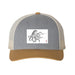 Grey and tan trucker hat featuring a rectangular patch with a black and white ink drawing of an octopus.