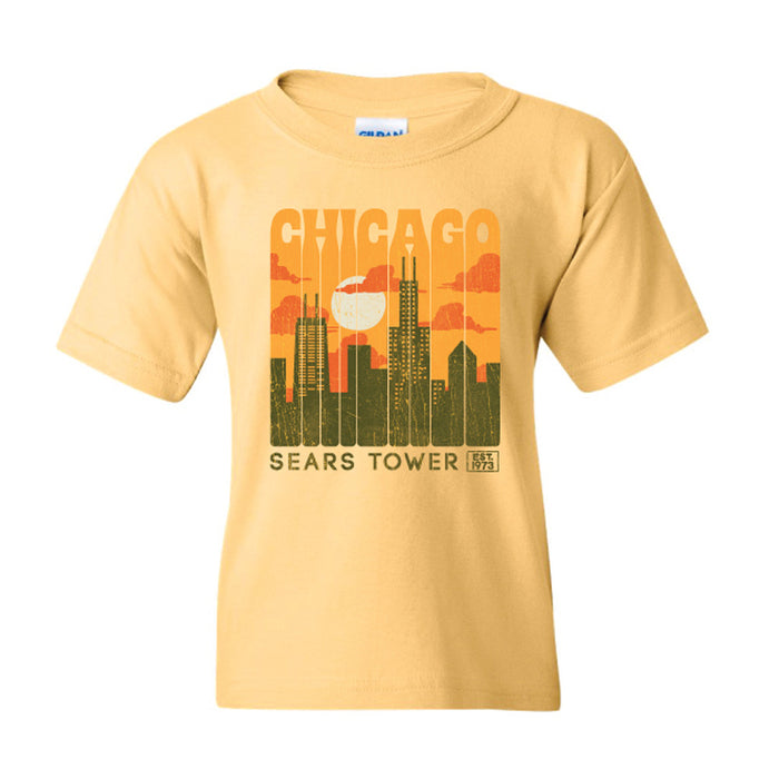 Willis Tower Chicago Building Youth T-Shirt in yellow for kids, featuring a stylized sunset graphic of the Chicago skyline with the city’s iconic architecture. The design displays “CHICAGO” above and “SEARS TOWER—also known as Willis Tower Chicago” below the buildings.