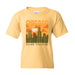 Willis Tower Chicago Building Youth T-Shirt in yellow for kids, featuring a stylized sunset graphic of the Chicago skyline with the city’s iconic architecture. The design displays “CHICAGO” above and “SEARS TOWER—also known as Willis Tower Chicago” below the buildings.