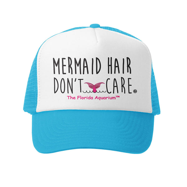 The Florida Aquarium Mermaid Trucker Cap is a blue and white youth snapback featuring "Mermaid Hair Don't Care," a pink mermaid tail, and The Florida Aquarium logo—perfect for young ocean lovers!.