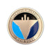 Introducing the Intrepid Museum Challenge Coin—a round pin inspired by traditional challenge coins, showcasing a stylized aircraft carrier silhouette with silver, black, light blue, and navy blue segments, and featuring the “Intrepid Museum New York” text.