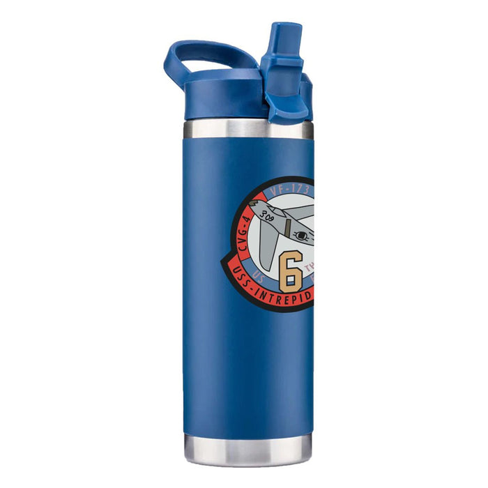 The Intrepid Fighter Squadron Crew Patch Water Bottle is blue stainless steel, with a flip-top straw lid and patch art showing the number 6, an aircraft, and USS Intrepid—an ideal souvenir for naval history fans.