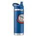 The Intrepid Fighter Squadron Crew Patch Water Bottle is blue stainless steel, with a flip-top straw lid and patch art showing the number 6, an aircraft, and USS Intrepid—an ideal souvenir for naval history fans.
