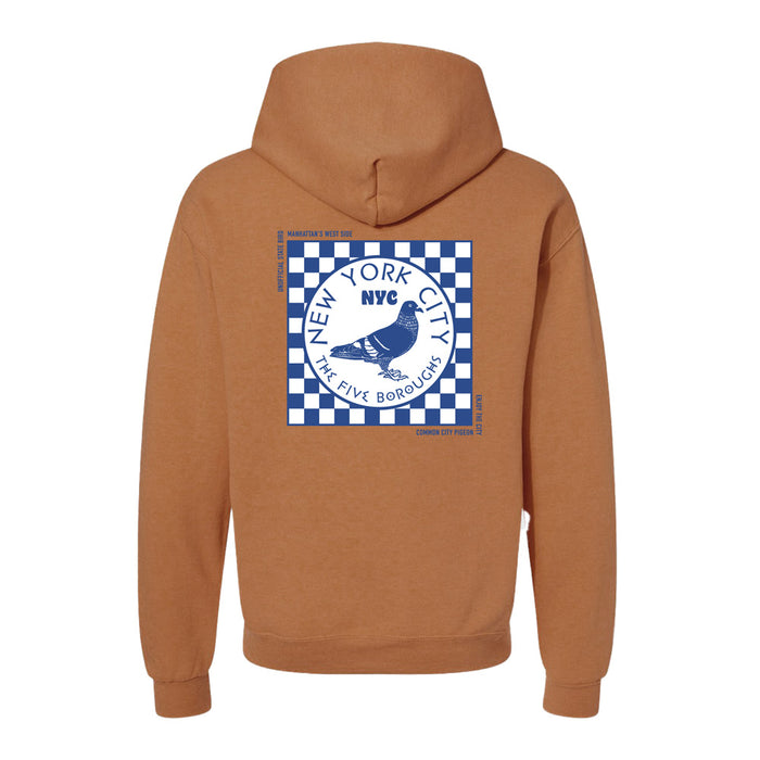 Introducing the Hudson Yards NYC Pigeon Hooded Sweatshirt—a brown hoodie featuring a blue and white graphic of a pigeon on the back, framed by a checkered border with text that reads “New York City,” “NYC,” and “The Five Boroughs.” This stylish NYC pigeon hoodie is the perfect New York City gift for anyone looking to showcase their love for the city’s iconic style.