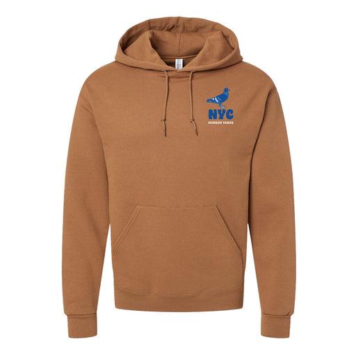 The Hudson Yards NYC Pigeon Hooded Sweatshirt is a brown hoodie featuring a blue pigeon graphic and “NYC HUDSON YARDS” printed on the left chest. This cozy sweatshirt includes a front pocket and drawstrings, making it an ideal New York City gift for anyone who loves Hudson Yards style.
