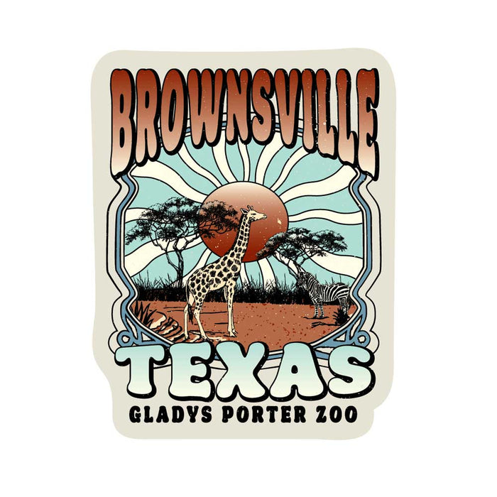 The Gladys Porter Zoo Giraffe Sticker showcases a retro-style wildlife scene with a giraffe, zebra, trees, and an orange sun. “Brownsville Texas Gladys Porter Zoo” text stands out on decorative rays and borders—perfect for giraffe lovers!.