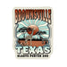 The Gladys Porter Zoo Giraffe Sticker showcases a retro-style wildlife scene with a giraffe, zebra, trees, and an orange sun. “Brownsville Texas Gladys Porter Zoo” text stands out on decorative rays and borders—perfect for giraffe lovers!.