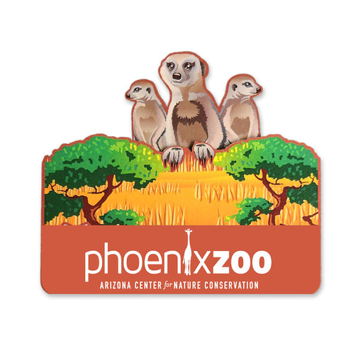 Illustration of three alert meerkats behind green trees and tall grass, with "Phoenix Zoo" and "Arizona Center for Nature Conservation" in white on orange. The Phoenix Zoo Meerkat Pop-Up Magnet is perfect for animal lovers.