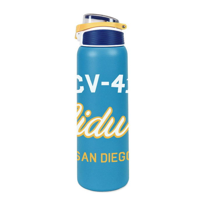 The USS Midway Museum Sipster Water Bottle is a blue, eco-friendly bottle with a yellow and white design that displays the text CV-41, San Diego, and partial cursive writing. It features a blue lid with a yellow carrying handle, making it the perfect USS Midway water bottle and a unique souvenir for naval history enthusiasts.