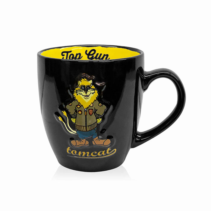 Top Gun Tom Cat Mug featuring a black exterior, yellow interior, and a raised cartoon cat in sunglasses and a flight jacket.