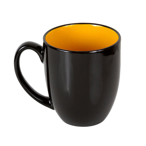 A black ceramic Top Gun Keep ’Em Flying Mug with a yellow interior is shown on a white background. This official Top Gun merchandise features a curved handle on the left side.