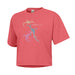 Salmon-colored cropped t-shirt featuring a graphic of three seadragons and the text Birch Aquarium at Scripps, La Jolla, San Diego.