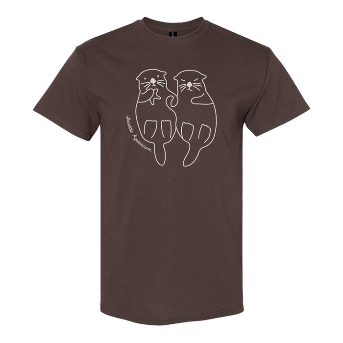 The Seattle Aquarium Otter Hands T-Shirt is a brown tee showcasing a simple white line drawing of two sea otters lying side by side and holding hands on the front—a charming tribute to marine conservation efforts inspired by the Seattle Aquarium.
