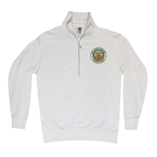 Introducing the Mote Marine Laboratory River Otter Quarter Zip Sweatshirt: a white pullover made from organic cotton, featuring a vibrant circular patch with an eagle emblem and surrounding text on the left chest. Designed with sustainability in mind, its folded collar and partially unzipped closure offer a laid-back, eco-friendly style.
