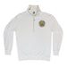 Introducing the Mote Marine Laboratory River Otter Quarter Zip Sweatshirt: a white pullover made from organic cotton, featuring a vibrant circular patch with an eagle emblem and surrounding text on the left chest. Designed with sustainability in mind, its folded collar and partially unzipped closure offer a laid-back, eco-friendly style.