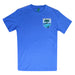 The Mote Marine Laboratory Manatee Organic T-Shirt is a blue organic cotton tee featuring a small patch on the left chest with an ocean scene, a manatee, and text that reads “Mote Marine Laboratory”—ideal for anyone passionate about marine conservation.