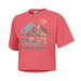 The Garden of the Gods Iconic Rocks Women’s Crop T-Shirt is a coral crop top made with eco-friendly materials, featuring a graphic of rock formations, a sun, and mountains. The text below reads “Garden of the Gods Colorado Springs.”.