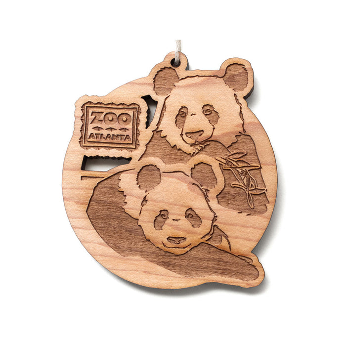 Zoo Atlanta Panda Duo Ornament featuring a laser-engraved image of two pandas and a sign that reads Zoo Atlanta, perfect as a wildlife conservation keepsake.
