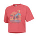 The Living Desert Zoo and Gardens Women’s Crop T-Shirt—a pink crop top featuring two giraffes, palm trees, mountains, and a sun with “The Living Desert Zoo and Gardens” text on the front—is perfect for stylishly supporting wildlife conservation.