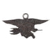 The Navy SEAL Museum Pewter Ornament is a handcrafted, dark metal pendant depicting an eagle in flight clutching a trident and a flintlock-style pistol, with a small loop at the top for hanging—this striking ornament is inspired by artifacts displayed at the Navy SEAL Museum.