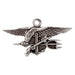 The Navy SEAL Museum Pewter Ornament is a handcrafted silver pin depicting an eagle with outstretched wings holding a trident, anchor, and flintlock pistol—an iconic symbol of the U.S. Navy SEALs that is also featured at the Navy SEAL Museum.
