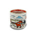 Introducing the Garden of the Gods Feeling Folksy Mini Mug—a ceramic cup adorned with stylized illustrations of mountains, a ram, trees, and a blue sky. Featuring earthy tones, bold outlines, and a red geometric pattern around the rim and interior, this mini mug makes for an ideal Colorado souvenir or keepsake from Garden of the Gods.