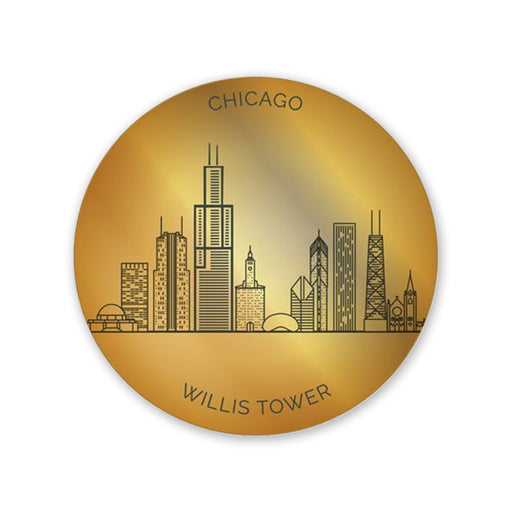 A gold circle features a black line drawing of the Chicago skyline, highlighting the Willis Tower, with the words CHICAGO at the top and WILLIS TOWER at the bottom—making this Willis Tower Mirror Magnet a perfect Windy City keepsake for any fan of Chicago.