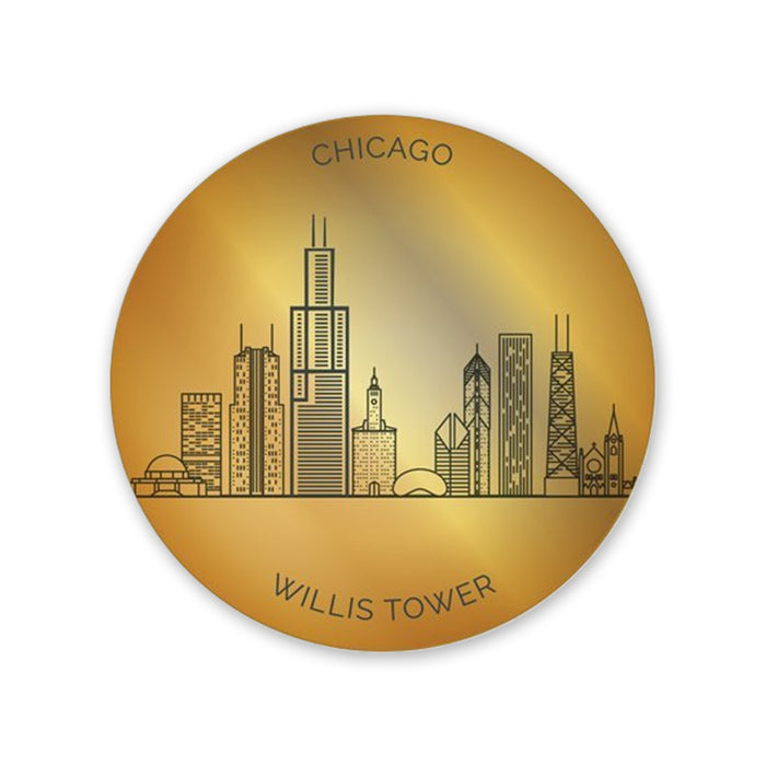 A gold circle features a black line drawing of the Chicago skyline, highlighting the Willis Tower, with the words CHICAGO at the top and WILLIS TOWER at the bottom—making this Willis Tower Mirror Magnet a perfect Windy City keepsake for any fan of Chicago.
