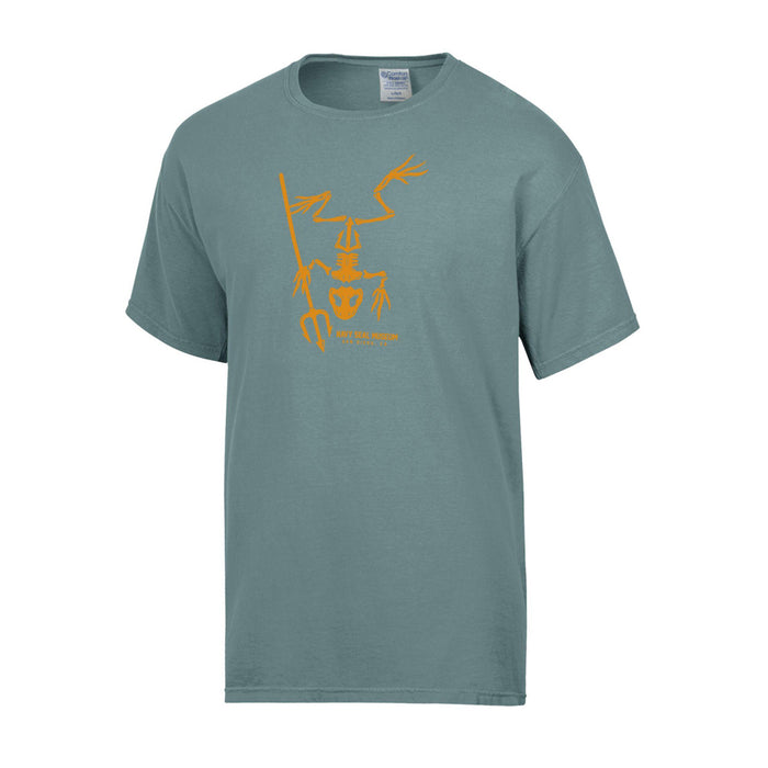 The Navy SEAL Museum Frogman Bonefrog T-Shirt features a light teal design with an abstract orange line drawing of a figure holding a trident on the front center—a subtle tribute to the bravery and legacy of Navy SEALs, making it a standout piece for supporters of the Navy SEAL Museum.