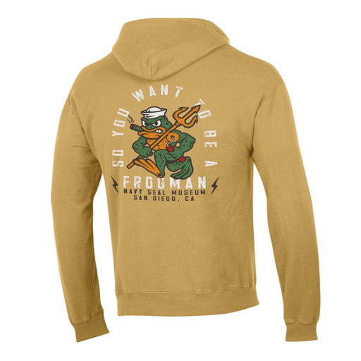 Introducing the Navy SEAL Museum Frogman Hooded Sweatshirt, showcasing a cartoon frog dressed in navy gear and holding a trident, with the slogan “So You Want to Be a Frogman.” This distinctive sweatshirt is available exclusively at the Navy SEAL Museum in San Diego, CA.