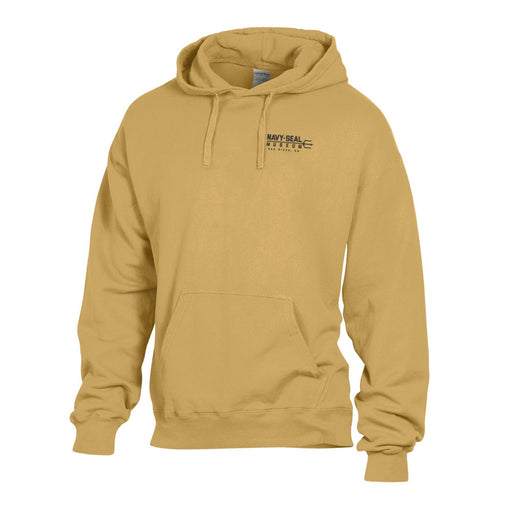 The Navy SEAL Museum Frogman Hooded Sweatshirt is a yellow hoodie featuring a front pocket and the NAVY SEAL INSTITUTE text and logo in black on the upper left chest, inspired by classic Frogman styles from the Navy SEAL Museum.