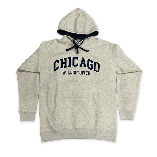 The Willis Tower Applique Hooded Sweatshirt is a light gray hoodie featuring “CHICAGO” and “WILLIS TOWER” appliquéd in dark lettering on the front. This Chicago skyline apparel includes a front pocket, drawstrings, and a hood with a dark lining, displayed laid flat on a white background.