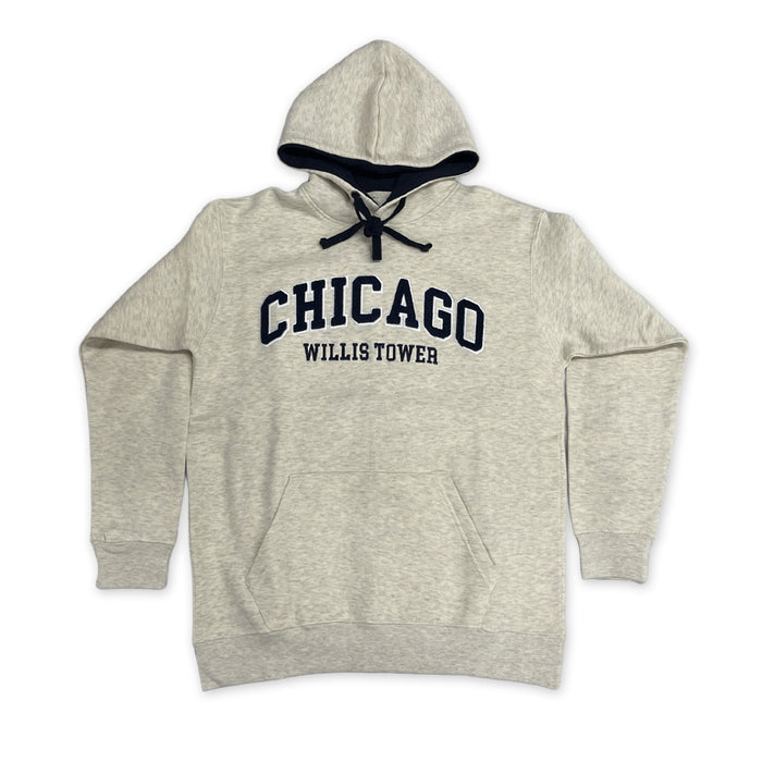 The Willis Tower Applique Hooded Sweatshirt is a light gray hoodie featuring “CHICAGO” and “WILLIS TOWER” appliquéd in dark lettering on the front. This Chicago skyline apparel includes a front pocket, drawstrings, and a hood with a dark lining, displayed laid flat on a white background.
