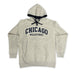 The Willis Tower Applique Hooded Sweatshirt is a light gray hoodie featuring “CHICAGO” and “WILLIS TOWER” appliquéd in dark lettering on the front. This Chicago skyline apparel includes a front pocket, drawstrings, and a hood with a dark lining, displayed laid flat on a white background.