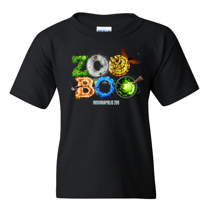 The Indianapolis Zoo Boo T-Shirt is a black Halloween tee featuring “ZOO BOO” in colorful, spooky-themed letters with playful animal details and “INDIANAPOLIS ZOO” underneath. Celebrate the Indianapolis Zoo Boo festivities in style and show your support for zoo conservation—perfect for festive events and animal lovers!.